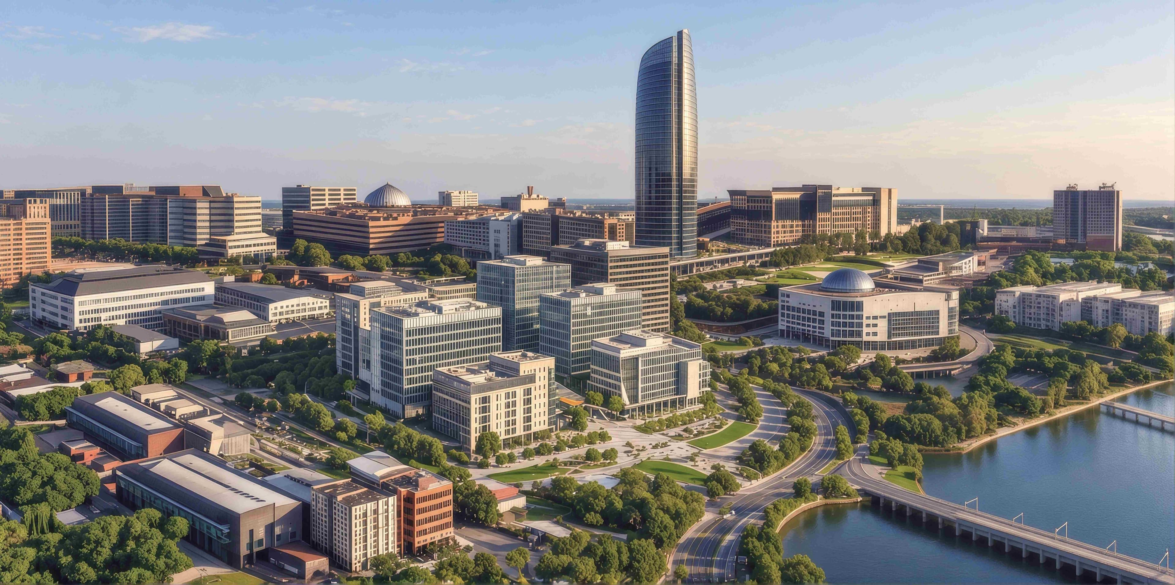 Aerial view of an enterprise office campus with glass towers, parking structures, and landscaped grounds