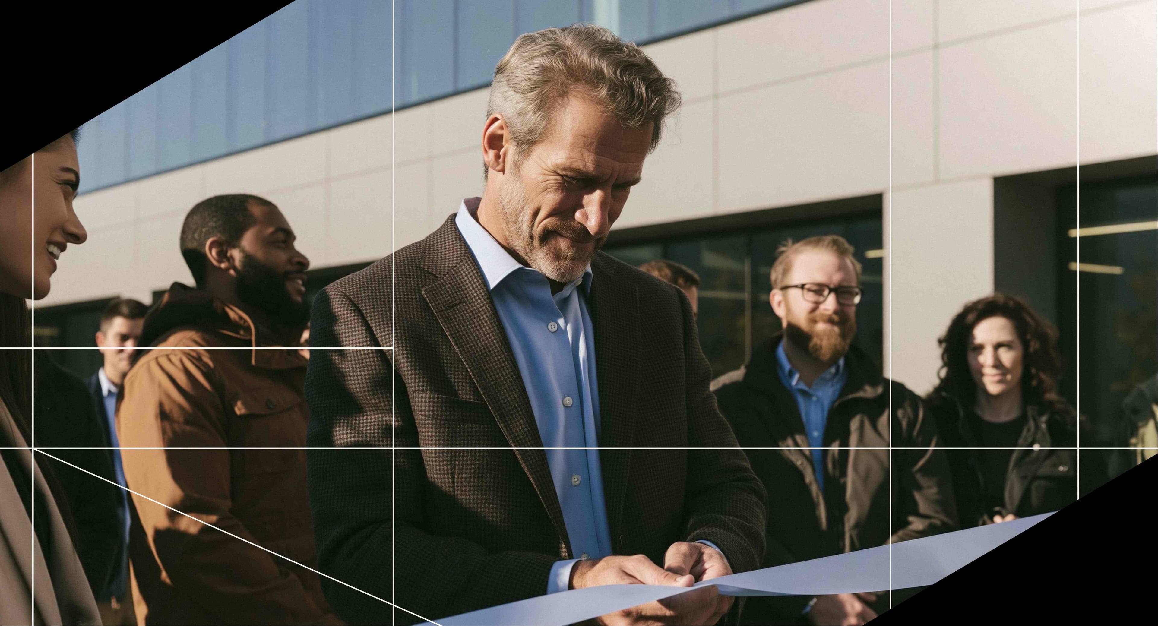 A property leader cuts the ribbon at a new commercial building opening while colleagues look on