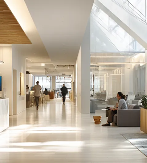 Bright corporate office atrium with people at work