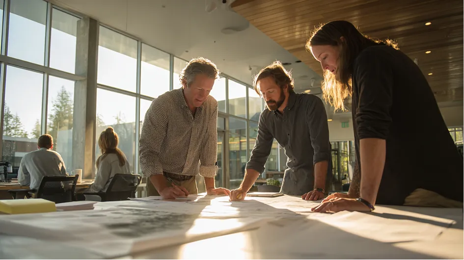 Operations team reviewing site plans in a sunlit office